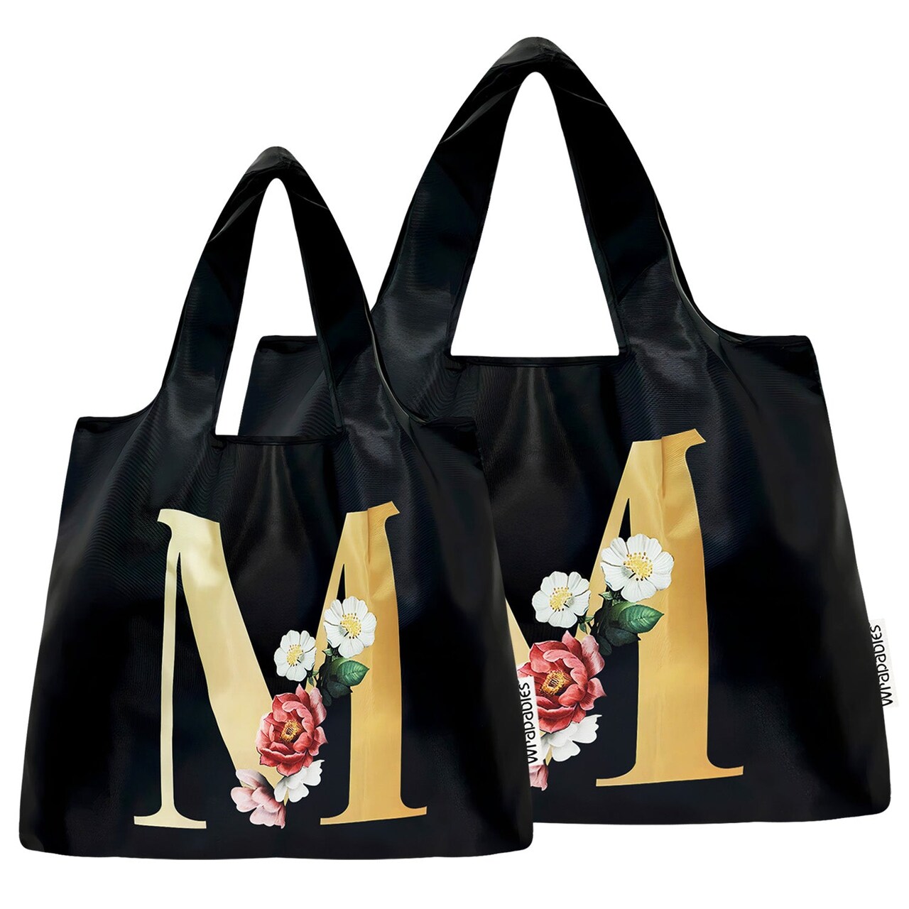 Wrapables Large & Small Nylon Reusable Grocery Bags, Initial Letter Tote Gift Bag for Wedding, Set of 2, Letter M